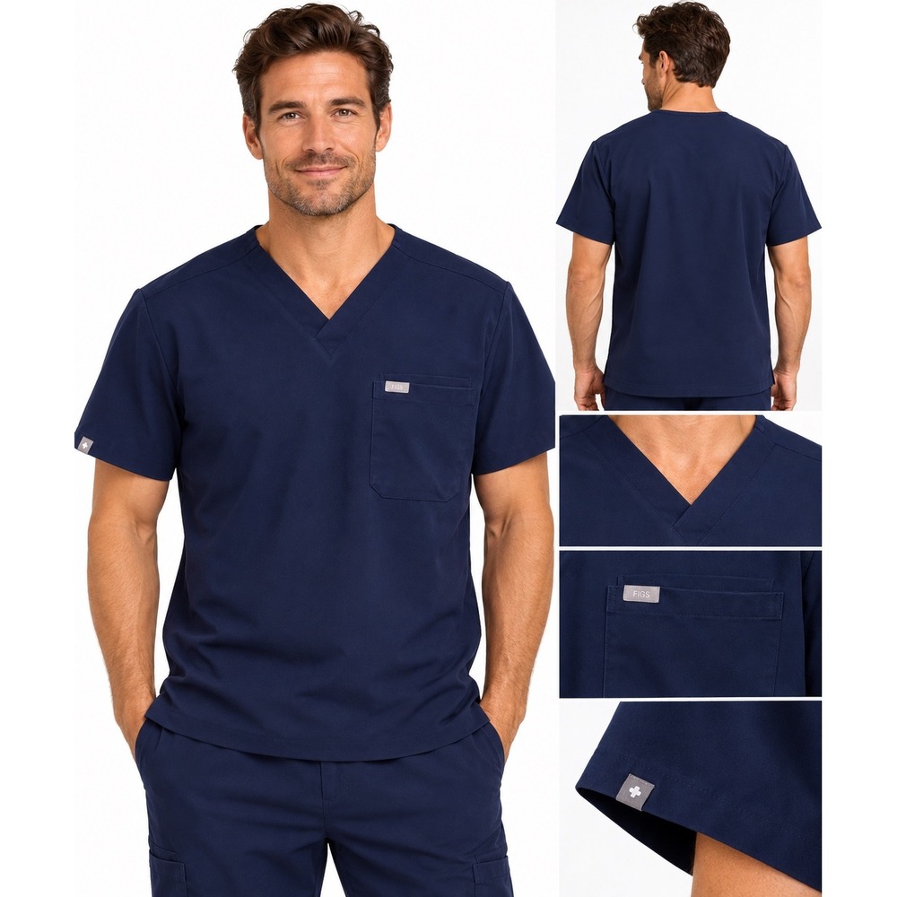 FIGS Leon Scrub Top Mens Medium Navy Blue V-Neck Chest Pocket Technical Medical